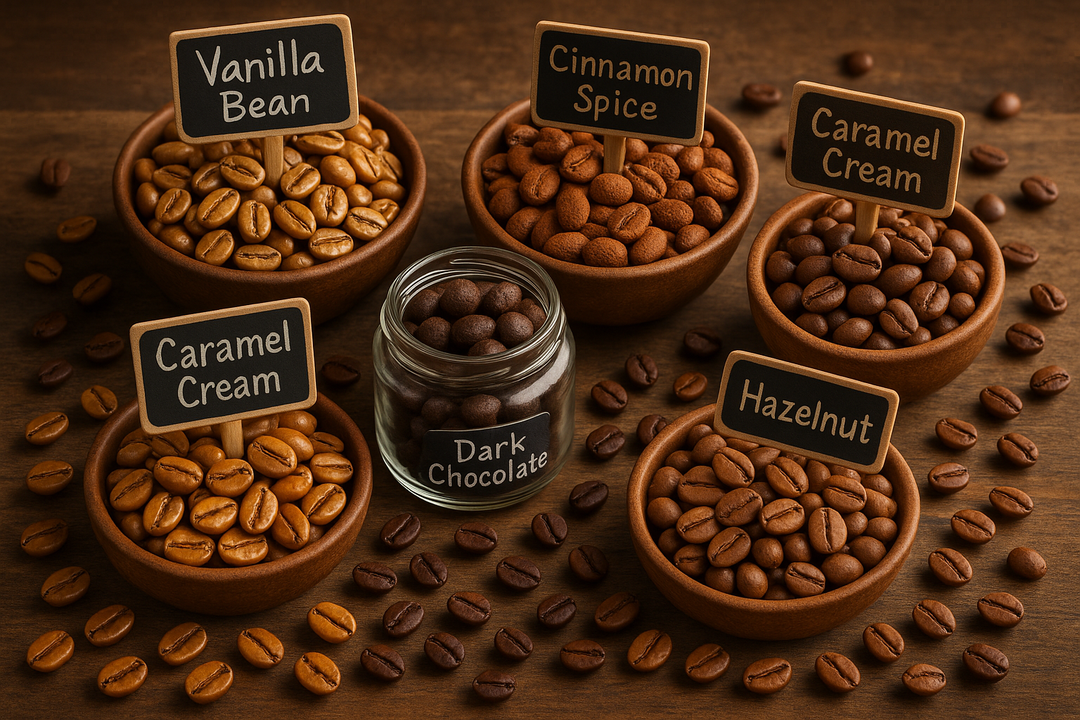 create a picture of a variety of flavored coffee beans
