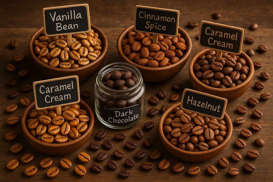 create a picture of a variety of flavored coffee beans