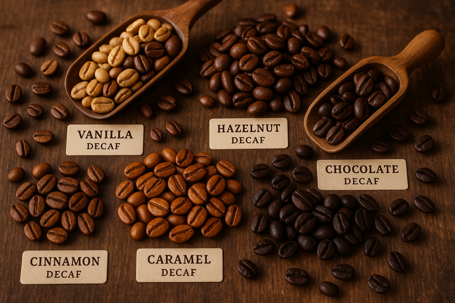 create an image of a variety of decaf flavored coffee beans